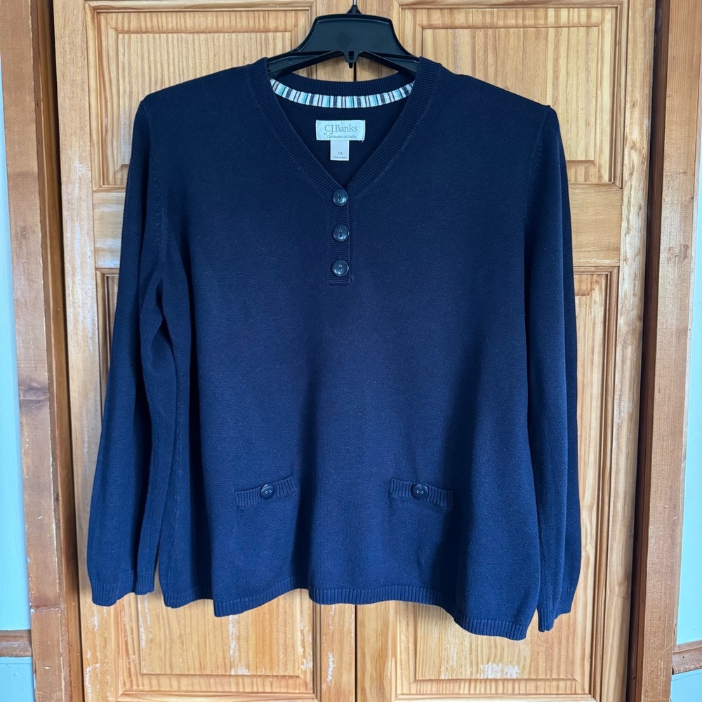 CJ Banks button v-neck navy sweater